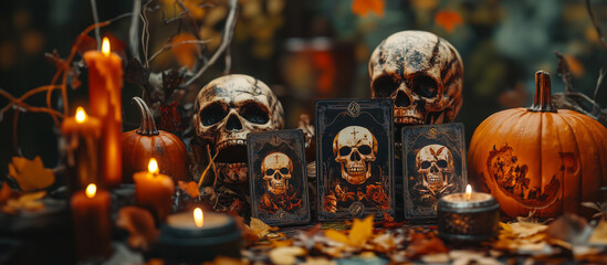 Fototapeta premium A spooky Halloween scene featuring skull-themed tarot cards. Autumn-Halloween Concept. 