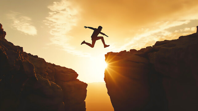 Silhouette of a man leaping across a gap between two hills, mid-air as he jumps over a cliff, Courage and determination