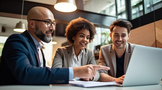 Three diverse business professionals discussing and pointing at documents on a laptop, smiling in an office with natural light. 
