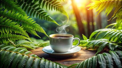 Delicate green fern fronds unfurl around a steaming cup of rich aromatic coffee, evoking a serene and peaceful morning atmosphere amidst lush tropical surroundings.