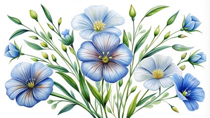 Obraz premium Delicate, hand-drawn flax flowers and leaves intertwine in a whimsical illustration, bursting with soft colors and organic textures, evoking a sense of natural elegance.