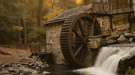Obraz premium a painting of a water wheel in a wooded area