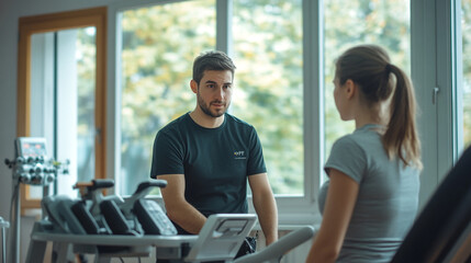 Personal training session in a bright gym with a male trainer assisting a female client on fitness equipment