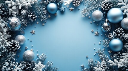 Modern Christmas postcard template with a light blue background, silver baubles, stars, confetti, and a frame border for a New Year banner.