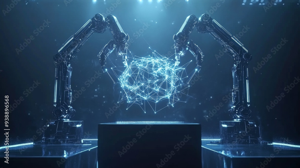 Aufkleber ai driven robotic arms building a neural network in a futuristic industry 4.0 setting