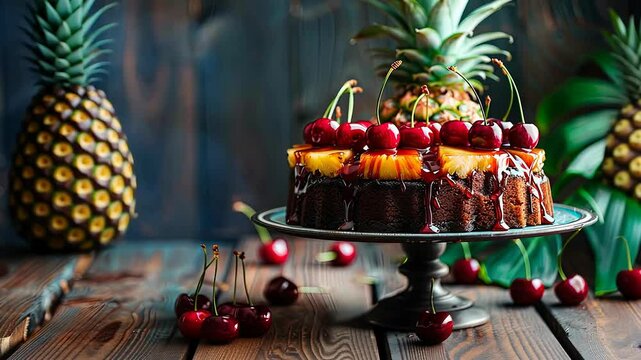 Decadent chocolate cake adorned with fresh cherries pineapple
