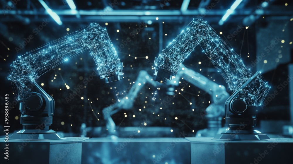 Aufkleber ai driven robotic arms building a neural network in a futuristic industry 4.0 setting