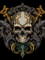 Tribal Skull and Crossed Wrenches Tattoo symmetry layout illustration