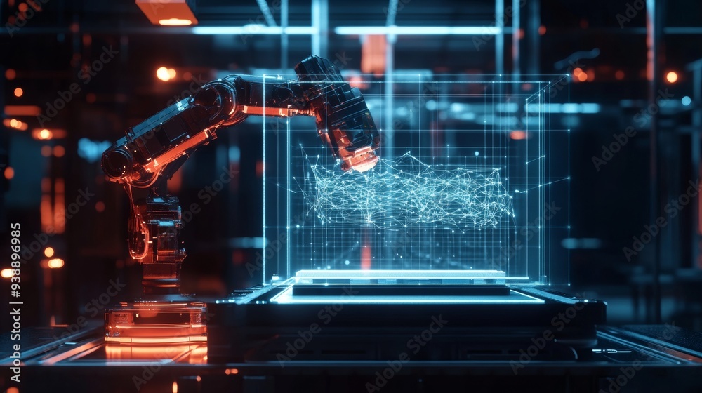 Poster AI driven robotic arms building a neural network in a futuristic Industry 4.0 setting