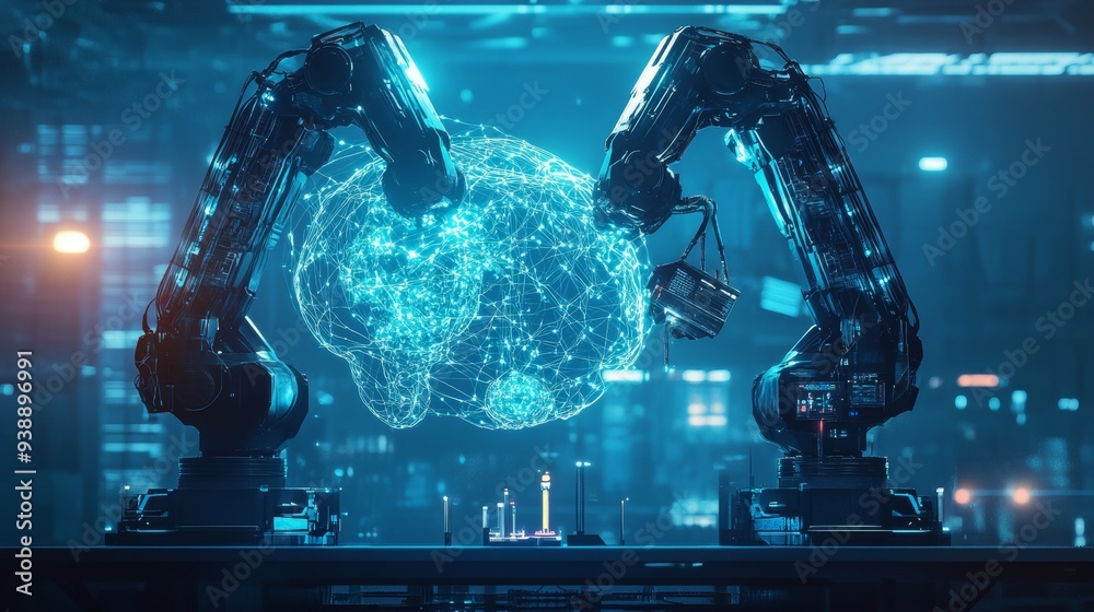 Aufkleber ai driven robotic arms building a neural network in a futuristic industry 4.0 setting