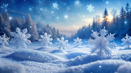 Delicate snowflakes gently fall onto a serene winter landscape, blanketing the frozen terrain with a thick layer of pristine white powder, evoking a sense of tranquility.