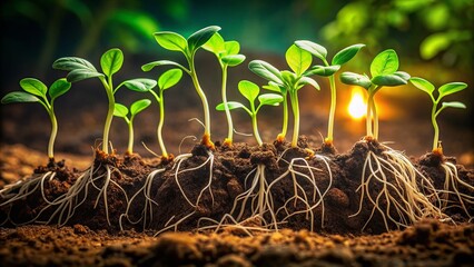 Delicate sprouts emerge from tangled network of roots, showcasing symbiotic relationship between plant growth and underground infrastructure in a lush, vibrant, and organic atmosphere.