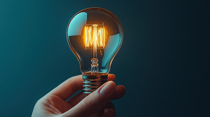 A hand holding a light bulb on a dark blue background