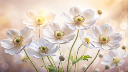 Obraz premium Delicate white anemone flowers with tender petals and slender stems sway gently in a whimsical dance against a soft, serene, creamy background.