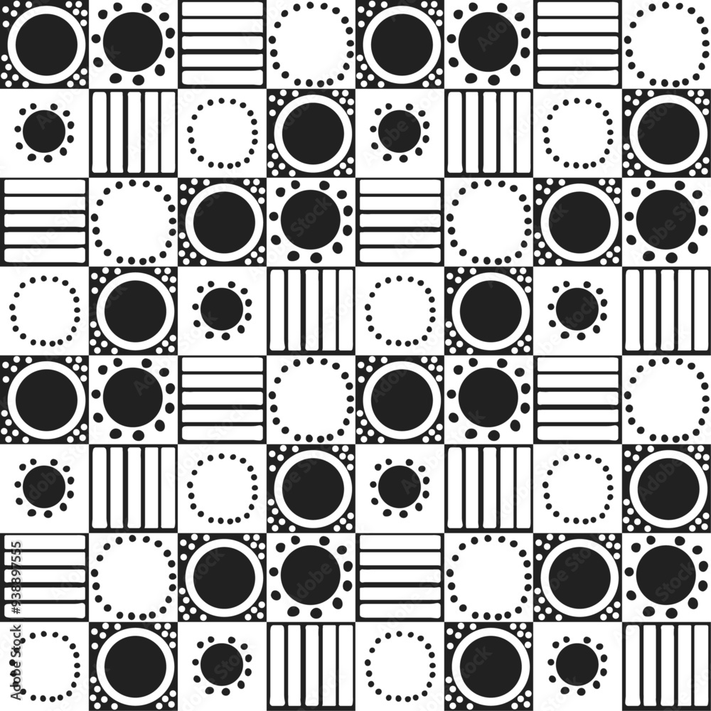 Poster Black and white tiled pattern with circles. Diagonally placed repeating pattern of tiles in circles. Monochrome pattern.