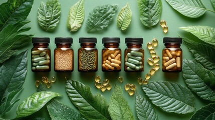 Natural nutritional supplements with leaves on green background flat lay.