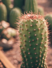 A cactus in the foreground with a group of unfocused cacti in the background