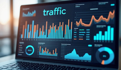 A laptop screen displays a graph with the word "Traffic" written in blue. The graph is colorful and has many different lines and bars, indicating a complex set of data. Scene is analytical and focused