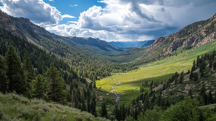 Fototapeta premium A breathtaking view of a lush green valley surrounded by majestic mountains under a partly cloudy sky in the early afternoon light