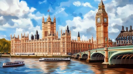 Fototapeta premium A painting of the Big Ben clock tower and the River Thames