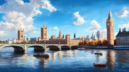 A painting of London with the Big Ben clock tower in the background