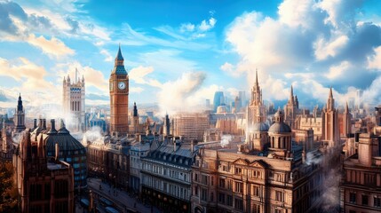 Obraz premium A cityscape with a clock tower in the center