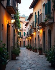 Obraz premium A tranquil evening in a picturesque village, with warm street lamps casting a soft glow on narrow cobblestone streets lined with colorful houses.