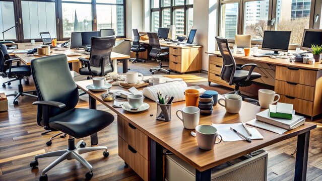 Disorganized workspace with scattered papers, empty coffee cups, and outdated office supplies overflowing from a cluttered wooden desk, surrounded by worn-out office chairs.