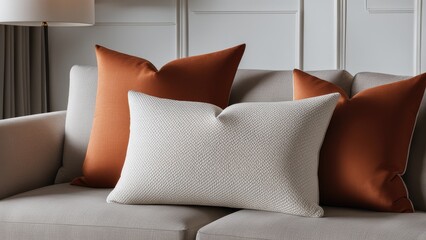 Close up of fabric sofa with white and terra cotta pillows. French country home interior design of modern living room