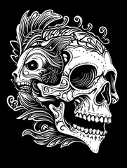 Obraz premium Tribal Skull and Fish Bones Tattoo symmetry layout illustration