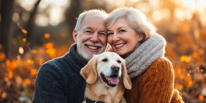 A man and a woman are sitting in a field with a golden retriever. A happy senior couple with their dog.