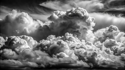 Dramatic black and white cloudscape with thick, billowy clouds stretching across the sky, contrasted against a dark, moody background.
