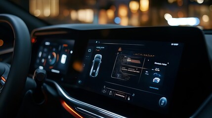 Touchscreen interface on a smart car dashboard showing connected devices, Connected automotive tech, Integrated driving experience