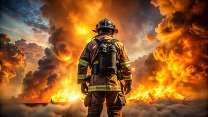 Dramatic sunset background highlights a heroic firefighter's bold silhouette, clad in gear, standing tall amidst flames and smoke, exuding bravery and selflessness.