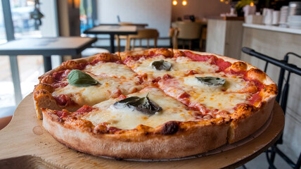 Mouthwatering Chicago-style deep-dish pizza topped with melted four cheeses and fresh basil, served in a cozy restaurant with a warm, inviting ambiance. 
