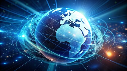 Fototapeta premium Dynamic 3D illustration of a rotating vector globe with glowing blue axis, symbolizing digital connectivity, technology, and global communication.