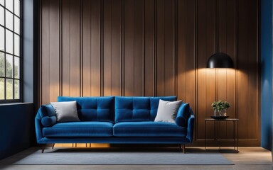 Blue sofa against paneling wall. Minimalist loft home interior design of modern living room