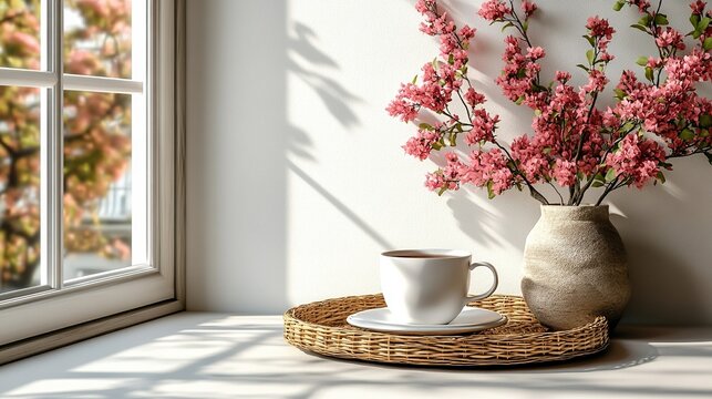 photo frame mockup with a coffee cup and a pink flower bouquet in a wicker tray on a kitchen table