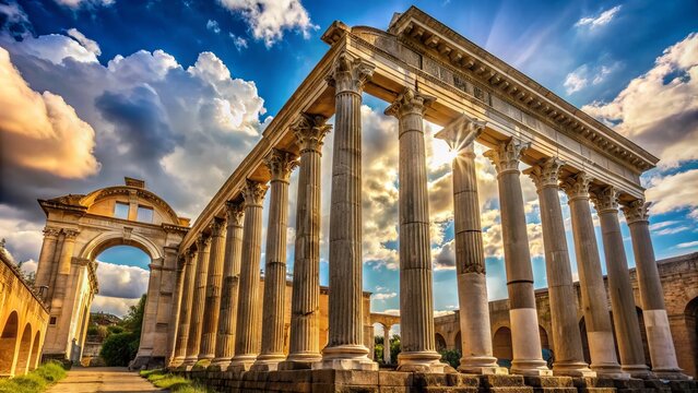Elegant ancient Roman architecture columns and arches adorn a historic landmark under a bright blue sky with puffy white clouds in the background.