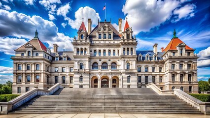 Obraz premium Elegant Capitol building in Albany, New York, features grand staircase, ornate architecture, and majestic dome, set against a clear blue sky with fluffy white clouds.