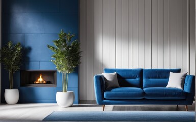 Blue sofa against paneling wall. Minimalist loft home interior design of modern living room