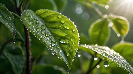 rain drops on a green leaf