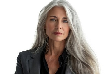 Naklejka premium Professional mature woman with long gray hair in office attire.