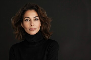 Naklejka premium Confident middle aged woman in black turtleneck sweater poses.