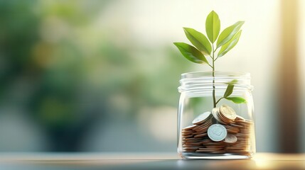 A small plant growing from a jar filled with coins, symbolizing financial growth.