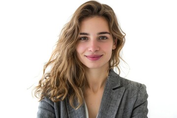 Happy young business woman portrait on white background.