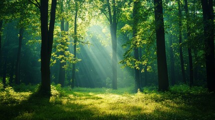 Fototapeta premium Sunlight streams through a dense forest, illuminating the lush green foliage and creating a magical atmosphere.