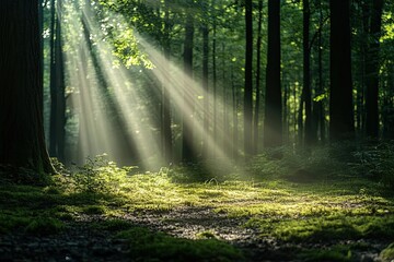 Sunlight beams through trees in serene forest