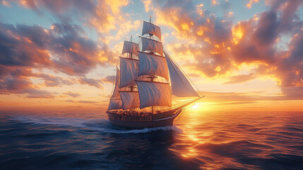 Obraz premium A majestic sailing ship with billowing sails gracefully navigating the open sea under a vibrant sunset