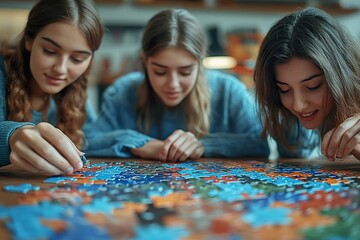 Fototapeta premium Show a group of students working together to solve a puzzle or problem